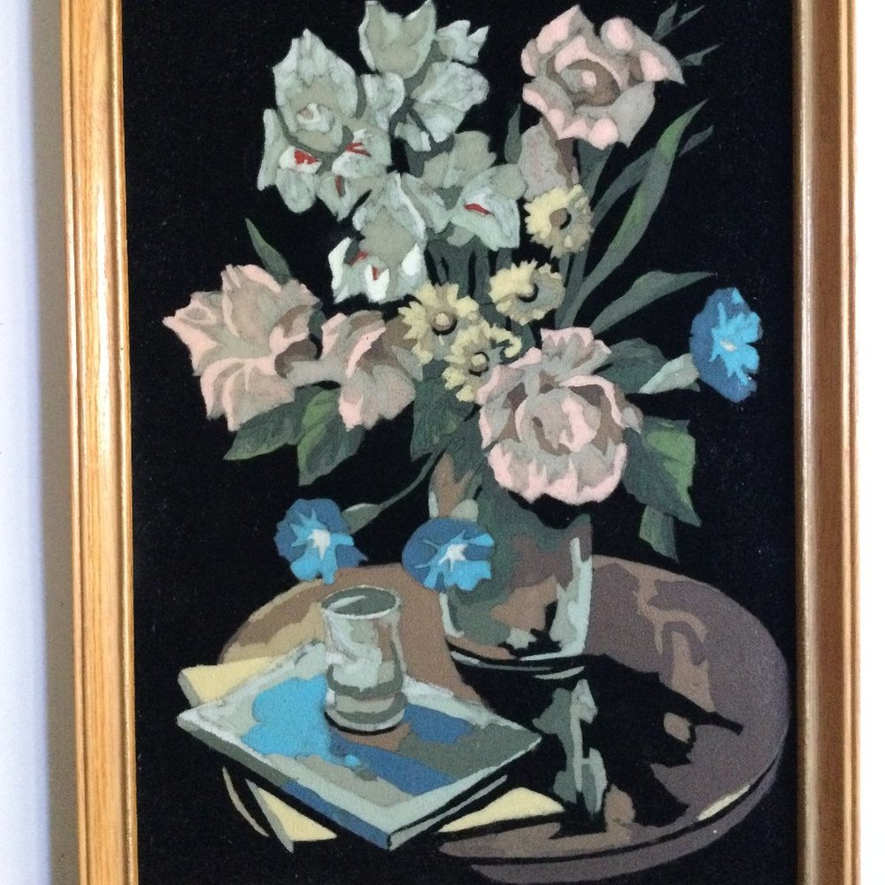 Original painting of flowers in vase on table on black velvet beautiful small